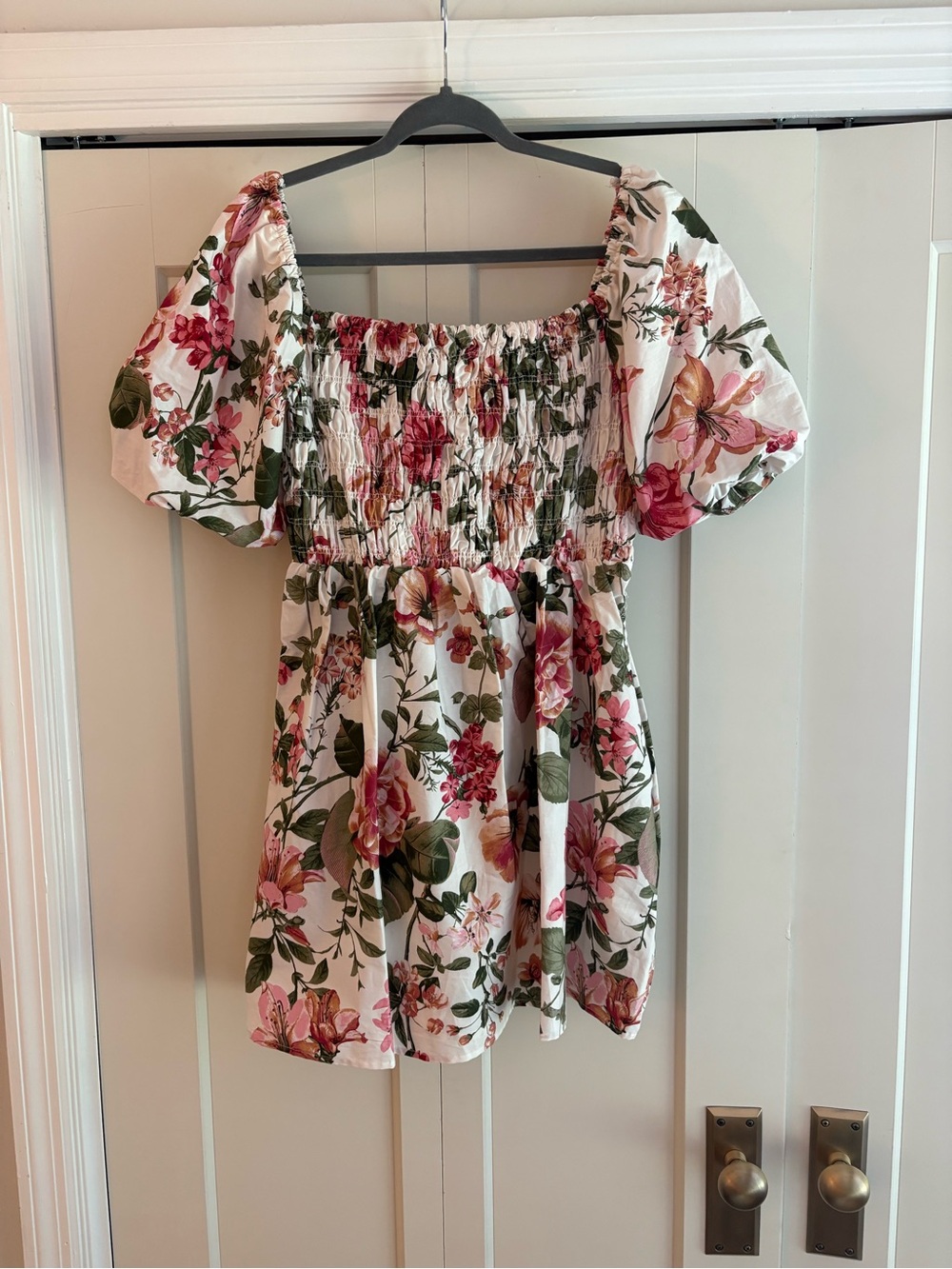 Laura Ashley White Floral Smocked Puff-Sleeve Tunic - Pink & Green